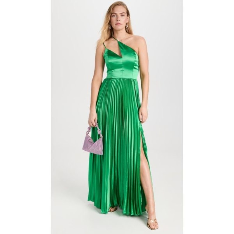 Amur Khari Asymmetric One Shoulder Pleated Slit Cocktail Gown Snow Pea Green 6